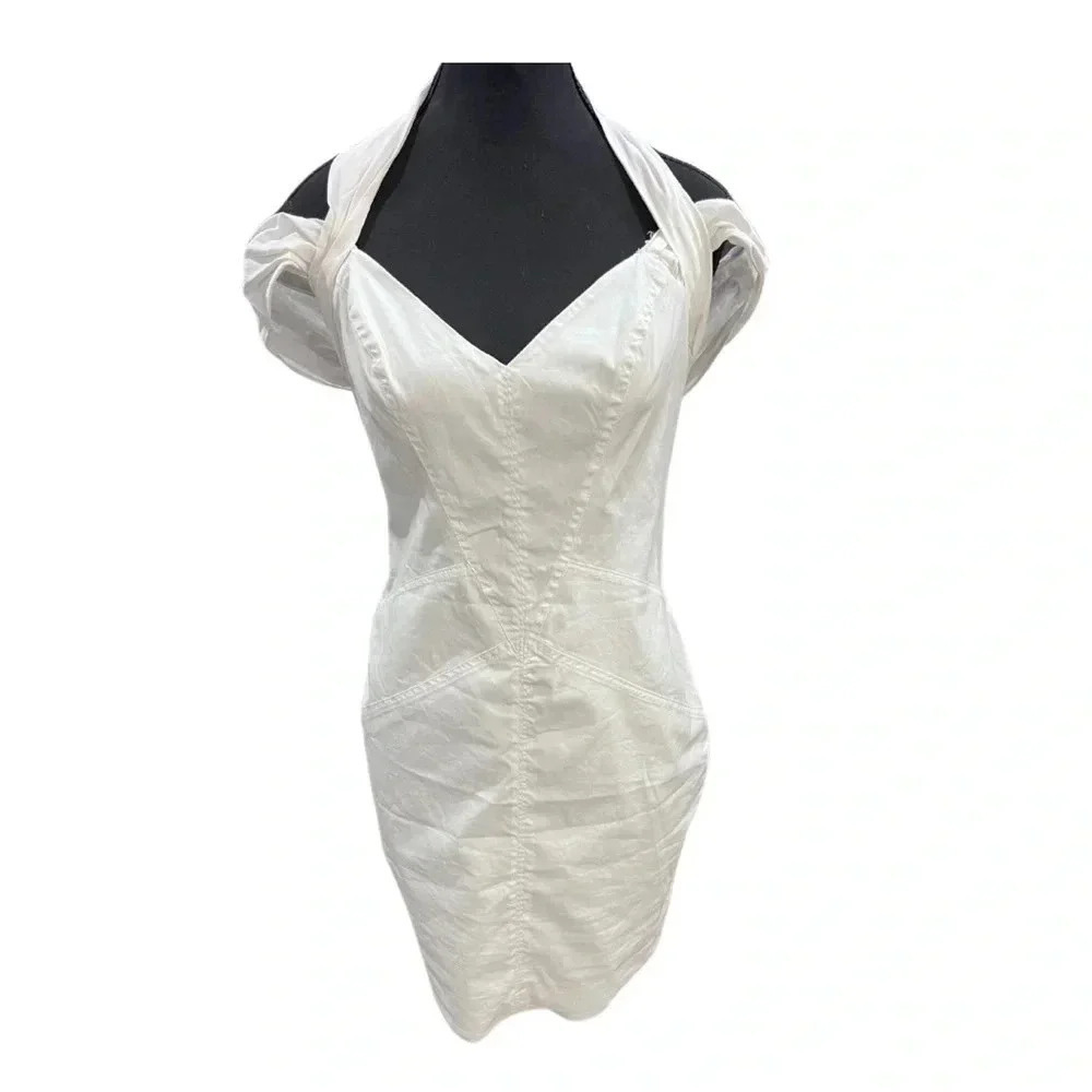 Bebe | Structured White Halter Dress With Off Shoulder Detail | Size M